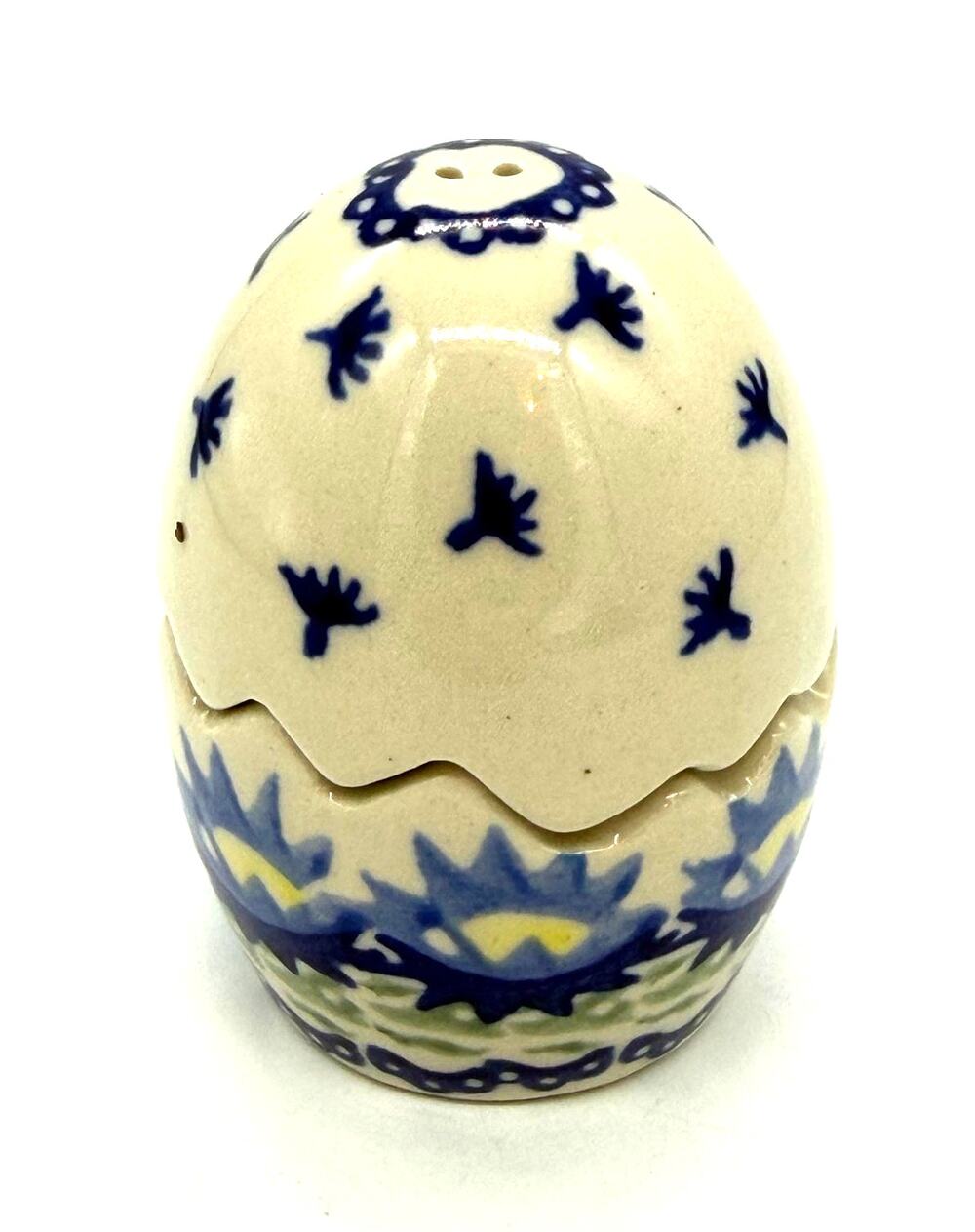 Polish Pottery Puzzle Egg Salt & Pepper Blue Floral Hand-made Boleslawiec Poland
